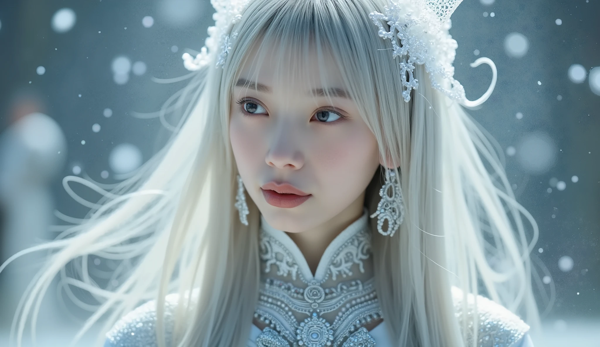 Space goddess wrapped in jewels and stars. Mysterious girl with pure white skin and、the most beautiful silver jewelry hair with cellophane luster.