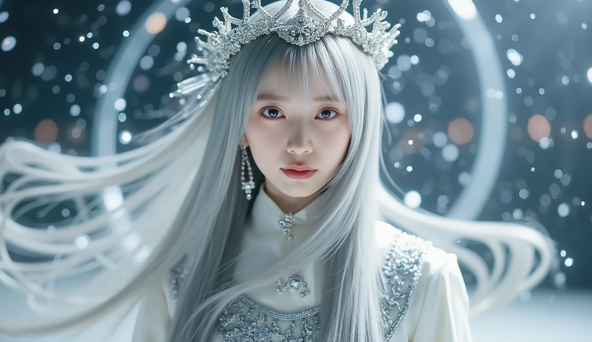 Space goddess wrapped in jewels and stars. Mysterious girl with pure white skin and、the most beautiful silver jewelry hair with cellophane luster.
