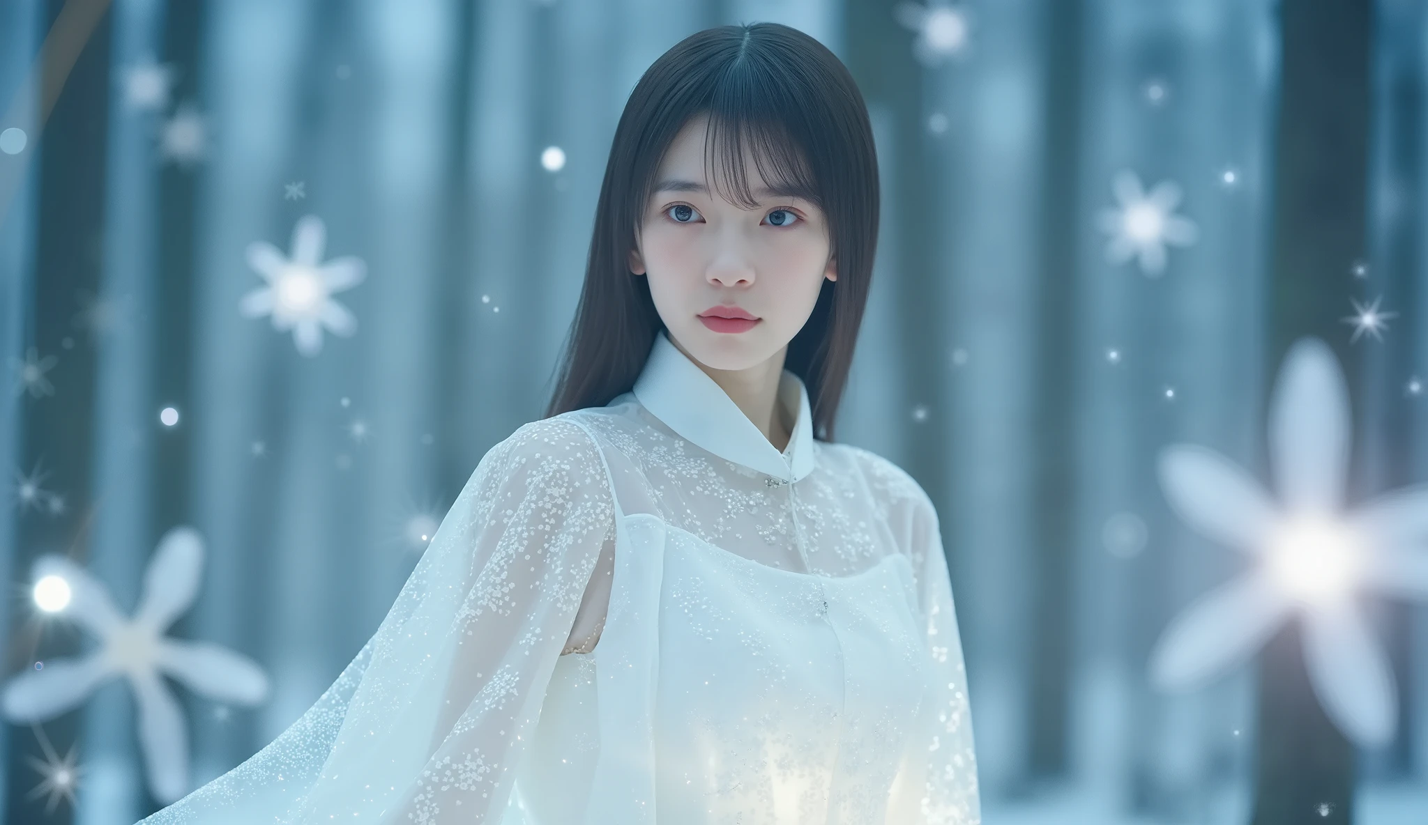 Nikon Z7 II Fantasy shot with a mirrorless camera,  Beautiful 20-year-old princess, cute,  White-bellied Swan,  magical white glowing flower light , wearing a white shining long clock、 petals、a woman's body is composed of white light particles, a woman's body has a cloak dress of white light particles flowing through it,   magnificent and elegant character art   , Blue glowing, dynamic color, Glowing flowers scattered around her, depth of field, Nikon Z7 II Fantasy shot with a mirrorless camera, amazing, dynamic, diffuse light reflection and a woman's body is composed of white shining light particles.