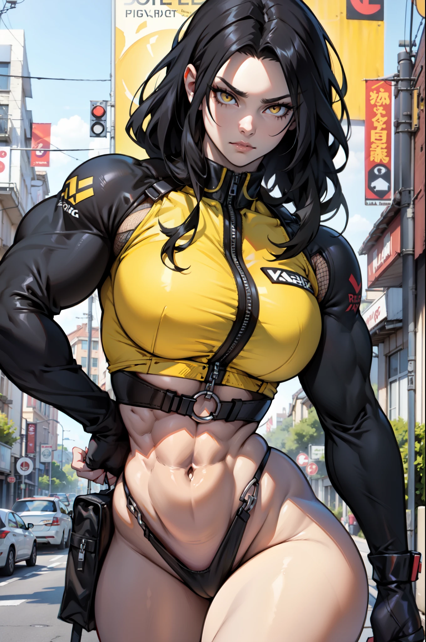sweaty navel black hair yellow eyes pale skin girl muscular thick muscular thick