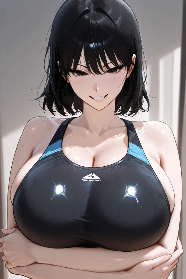 extremely detailed CG, super detailed skin, perfect anatomy, dynamic lighting, beautiful detailed eyes, Top quality、Realistic、woman、about 40 yo、Beautiful Eyes、Symmetrical eyes、A big smile、(hair over one eye:1.8)、(Big breasts bigger than face、Plump body、Curvy Body:1)、Short Hair、Black Hair、Iris、 (Glossy metallic swimsuit, Ultra-thin smooth fabric swimwear, Competition Swimwear, pink), (Shiny skin、Glowing Skin、High gloss skin:1.4)、Walking、