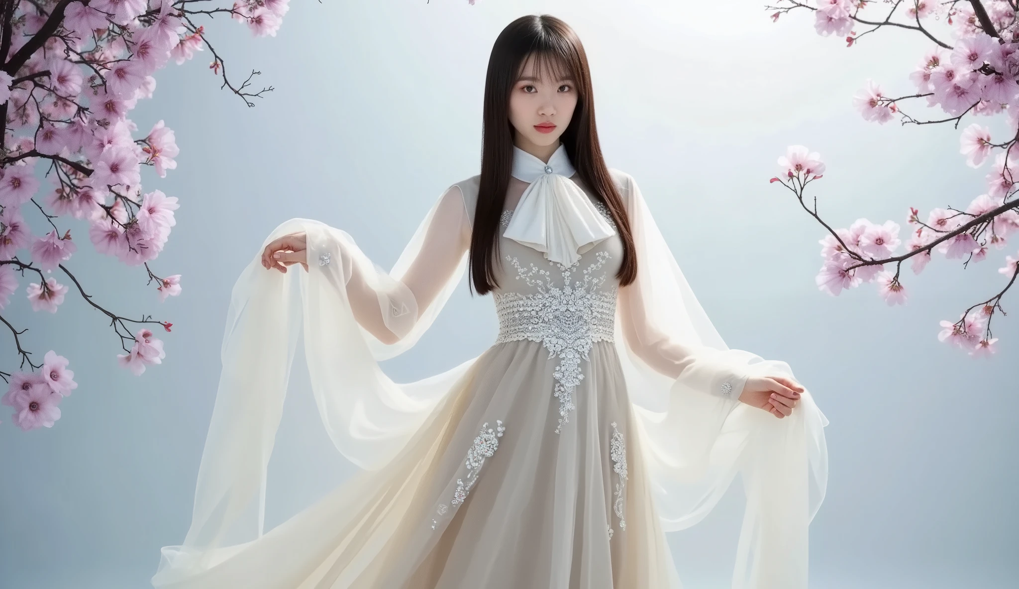 （ high resolution images in front of the teacher， ultra-detail）， official art, Unity 8k wallpaper, Super Detailed,   beautiful、aesthetic , masterpiece,  top quality ,Long Skirts，  skinny ， Wear a tulle dress with sparkling diamonds ，with a Food，Food， The material of the garment is very light ，An auspicious cloud pattern is woven into Gaia style  ， An auspicious cloud pattern is woven into the garment