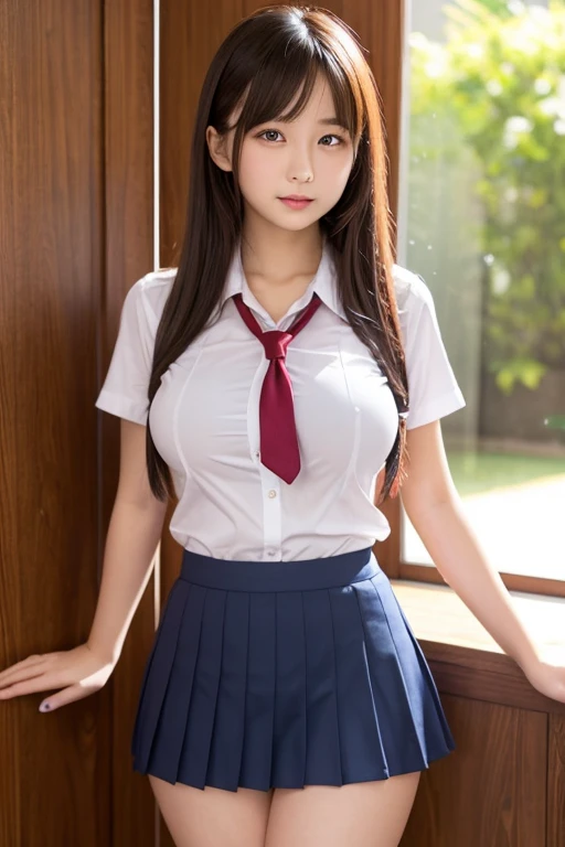 a beautiful young girl in a school uniform, extremely detailed, sexy, with large breasts(1.2), sticking out her butt(1.4), in ecstasy(1.3), shiny and delicate realistic skin, (best quality,4k,8k,highres,masterpiece:1.2),ultra-detailed,(realistic,photorealistic,photo-realistic:1.37), up skirt, (spread legs:1.2),panty,