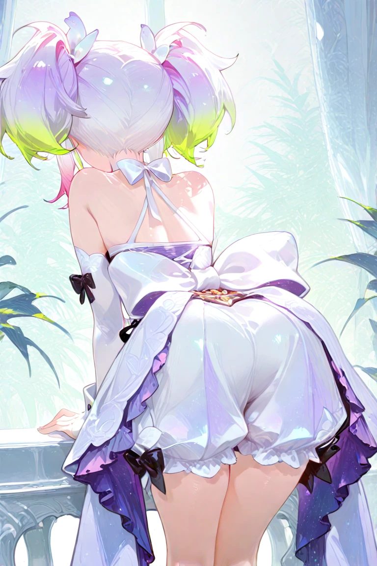 Thick thighs,Nahida,, , ,, Flat Chest, whole body, Frame from head to toe, Hata, Thick thighs, Bloomers, bend over, Buttを見せる( Butt), Outdoor, cute girl, cute , one piece