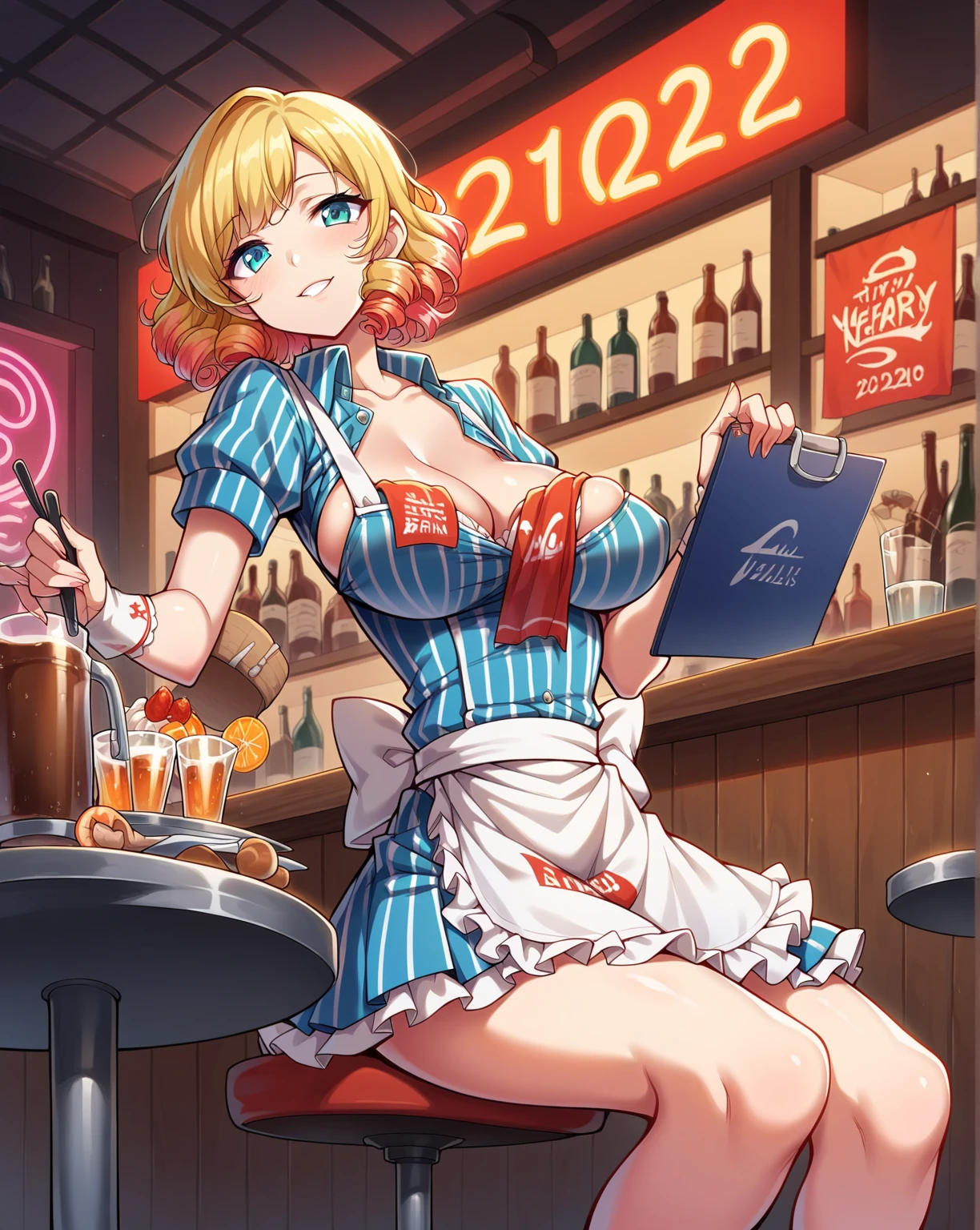 masterpiece, best quality, absurdres, wallpaper, 1girl, gal, (gyaru:1.5),(tan skin:1.5), large breasts, cleavage, thick thighs, wide hips, thick, extremely beautiful, playful, winking, smiling, seductive, short blonde hair, (ear piercing:0.8), thigh highs, skindentation, (school uniform:1.4), gray eyes, vibrant eyes, piercing eyes, focused, city, night time, chinese lanterns, dynamic pose, arcade in the background, sparkles, cosy, cinematic lighting, 8k realistic, beautiful drawing, highly detailed image, high resolution image, scenery, gorgeous location design, spring color palette