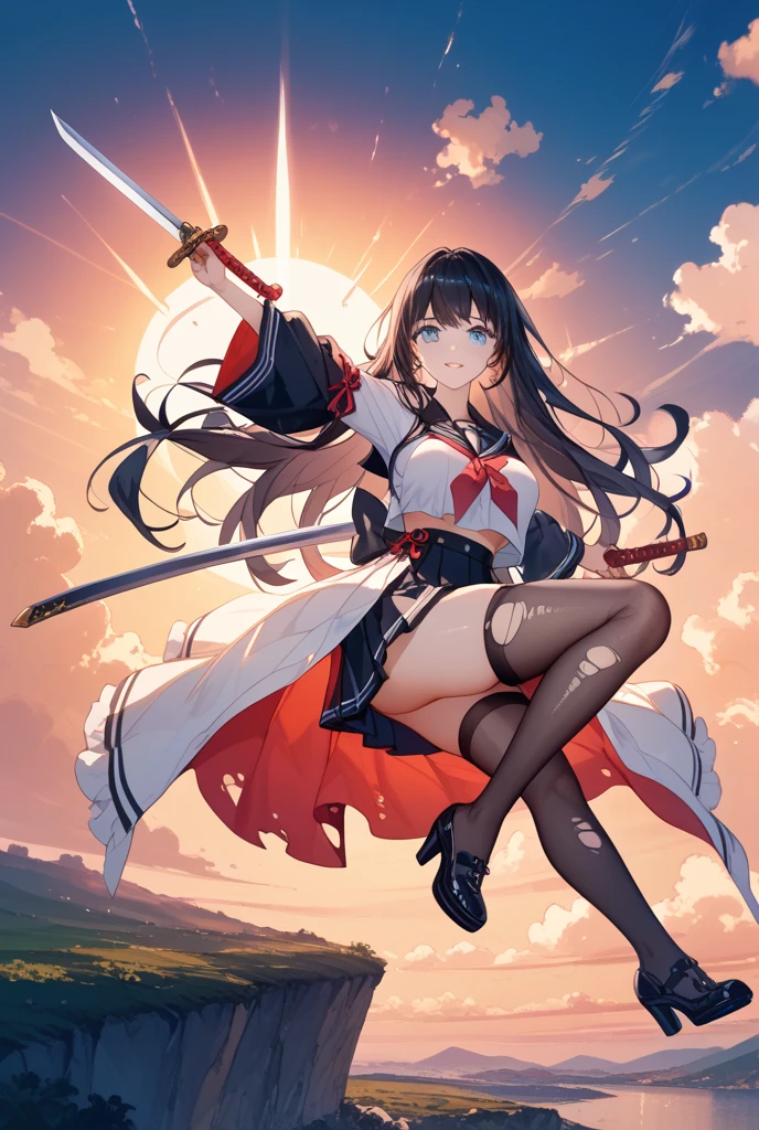 Ryuko Matoi, using her costume and her sword, special swit mode, reflections, badass stance, full body, photography, (ultra-realistic), {extremely detailed 8k CG unit wallpaper}, expansive landscape photography, (a view from below that prioritizes the character and the setting, wide view of the open field), (low angle photo), (high light: 1.7), (low light: 1.0), (warm light source: 1.5), complex details, (iridescent colors: 1.7), (bright lighting), (atmospheric lighting), dreamy, magical, Anime