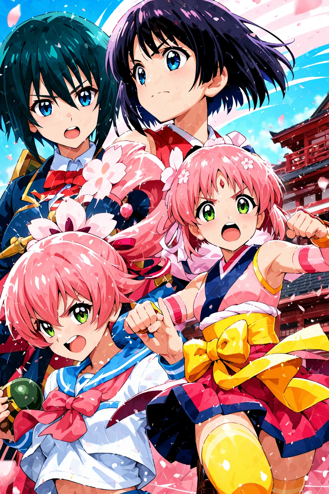 Anime girl fighting for justice against onis. Warrior anime girl. Explosive Clash of Arms. Traditional Japanese scenario.  Japanese architecture.  sakura flowers .  unlimited power . beautiful anime girl. school uniform. athletic body 