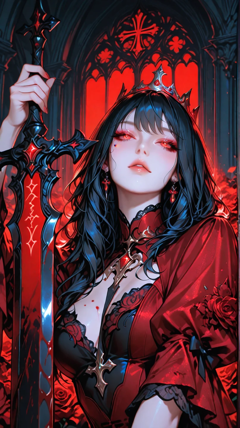 in style of Ashley Wood,in style of Nick Veasey, (2d comic style:1.7),(1990-е годы \(style\):1.7),(vampire hunter D style:1.4),Charlotte, kazakh aristocratic girl close up,bright colors, break (rose quartz:1.3),(red crescent background:1.4),spicy,spicy image,(incredibly detailed and confusing, hypermaximalist, elegant, ornate, hyperrealistic, super detailed:1.1),extremely detailed,Amazing resolution,8 K,(Ray tracing:1.3),masterpiece,(particle effects:1.3),(beautiful effects:1.3), break (darkness:1.4),(Extreme Shadows:1.4),(best shadow:1.4),dark atmosphere,