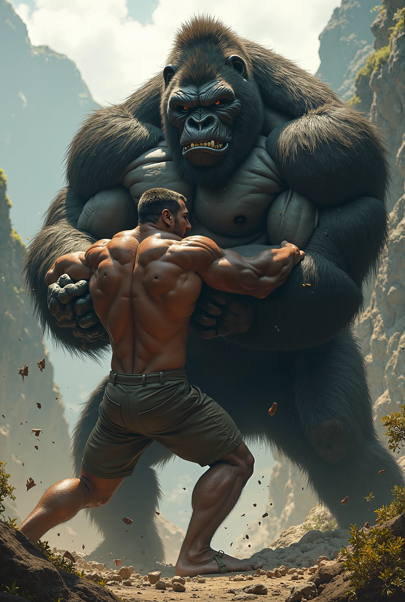 An anime image of a man putting a headlock on a gorilla in a Grappling match