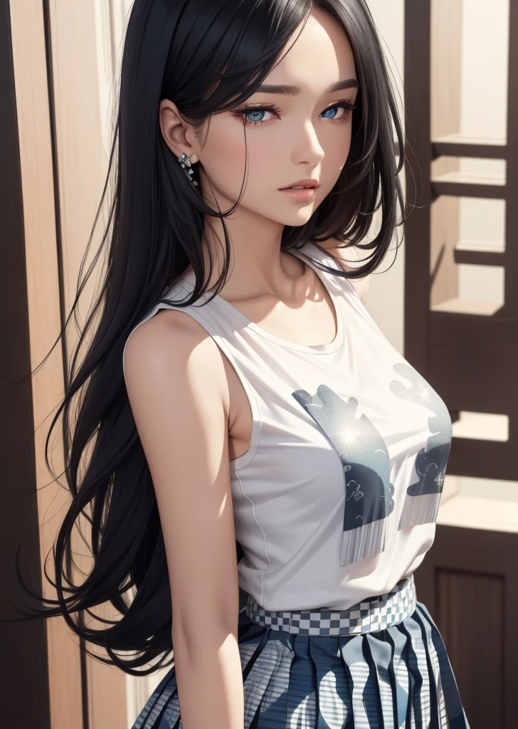 Anime girl, face: cuteness and smiling, eyes: cute and blue colour, clothes: modern clothes blue colour, hair: half black and half blue with best hairstyle, background: dark black, image type: ultra realistic 8k.