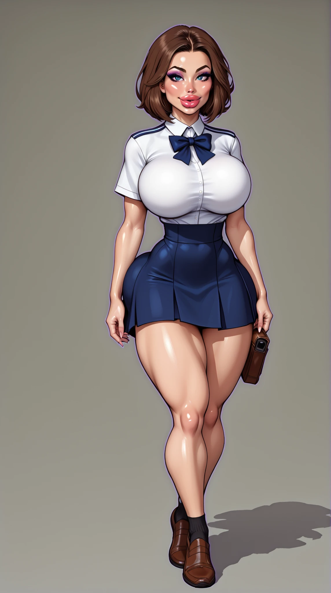 glamorous, short blue plaited skirt, tied white shirt, red bra, midriff, black hair in pony tail