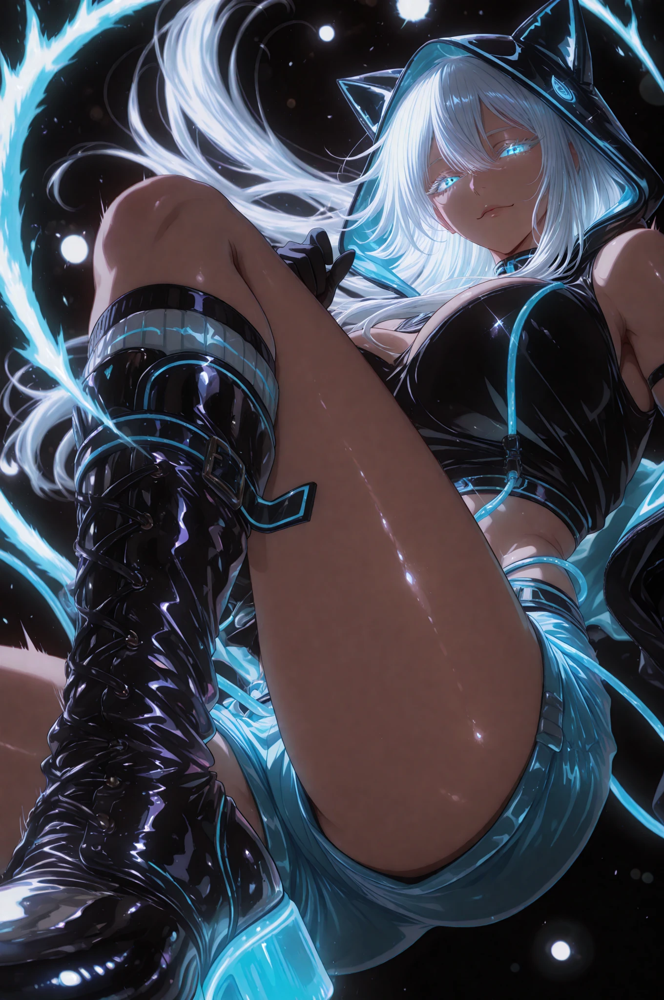 werewolf girl, ((fluffy skin)), paws on foots, fluffy fur on body, ((fangs)), ((claws)), tight slim crop top, cleavage, decolette, huge metal bracelets, huge metal collar, high over-the-knee boots, light green extremely_detailed_(lacy, fur, silk, satin)_(clothing, skirt), (light green clothing), detailed face, detailed beautiful shiny eyes, slit pupils, metallic reflections, futuristic city square, (tatooed, marked)_fit_muscular_body, (((1girl))), portrait, (full body), natural breasts, medium length hair, (masterpiece:1.4), (best quality:1.4), 1girl, photorealistic, ultra detailed, ((Real image)), ((realistic skin)), ((realistic face)),(illustration:1.05), (beautiful:1.05), (beautiful detailed eyes:1.05), (cinematic light:1.1), Full body, hair voluminous, perfect and well designed eyes, beautiful and delicate face, fair skin, real skin, (face detail), pores, super high resolution, 8k, parameters Best quality, masterpiece, super high resolution, (Realistic 2.0), More details, detailed skin, beautiful and aesthetic:1.2, fractal art:1.4, 16K, HDR, RTX, Ray Tracing, Radiosity, Anisotropic Filtering, Subsurface Scattering, light green neon, futuristic, vibrant colors, (((seductive laying)))