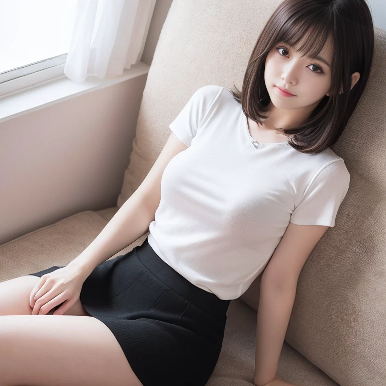 (8K, RAW photo, best quality, masterpiece:1.2), (realistic, photo-realistic:1.2), (extremely detailed 8K wallpaper), sharp focus ，professional lighting ，20 years old Japanese woman.perfect body ，famous japanese idol，Short Bob Hair、Dark brown hair color，flat chest:1.0 ，potbelly，White Room Wallpaper、(Oak Wood Flooring)，Perfect hands，(warering blouse:1.0)，skirt，top angle view:1.2，thigh focus，Stretching，(Extending the leg:1.1)、Sitting in a chair、Open your legs and show your panties、White panties
