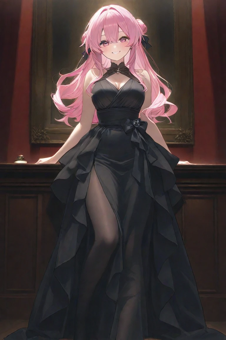 A pink haired woman with violet eyes in a black wedding dress is getting married to a white haired man with ruby eyes.
