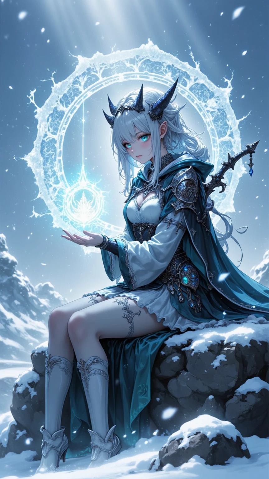 Beautiful wizard girl who emits blue flames、Holding a wand、anime illustrated、​masterpiece、Beautiful image quality、top-quality、Red eyes、white  hair、Background with burning flames、magic circles、List of runes