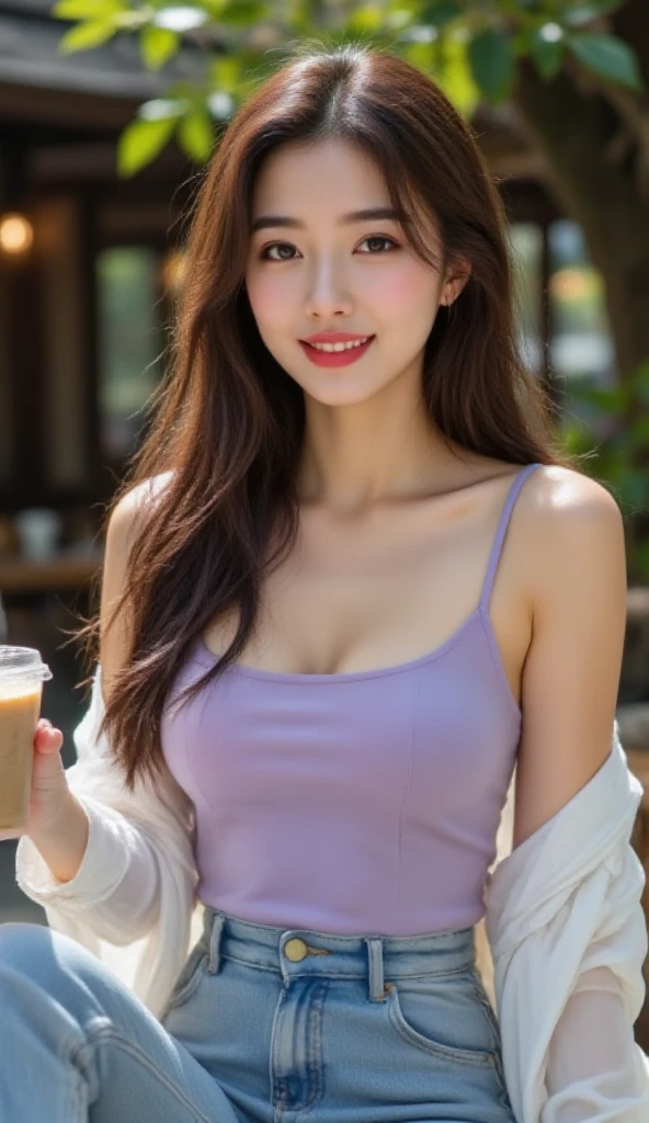 (On a table, Best quality, realistically, ultra - detailed, meticuloso, A high resolution, 8k wallpaper), Close-up portrait of a beautiful woman, Chariada, Smiling, light brown messy hair, Perfect dynamic composition, 美丽meticuloso的眼睛, Just like the cover of a fashion magazine, On campus