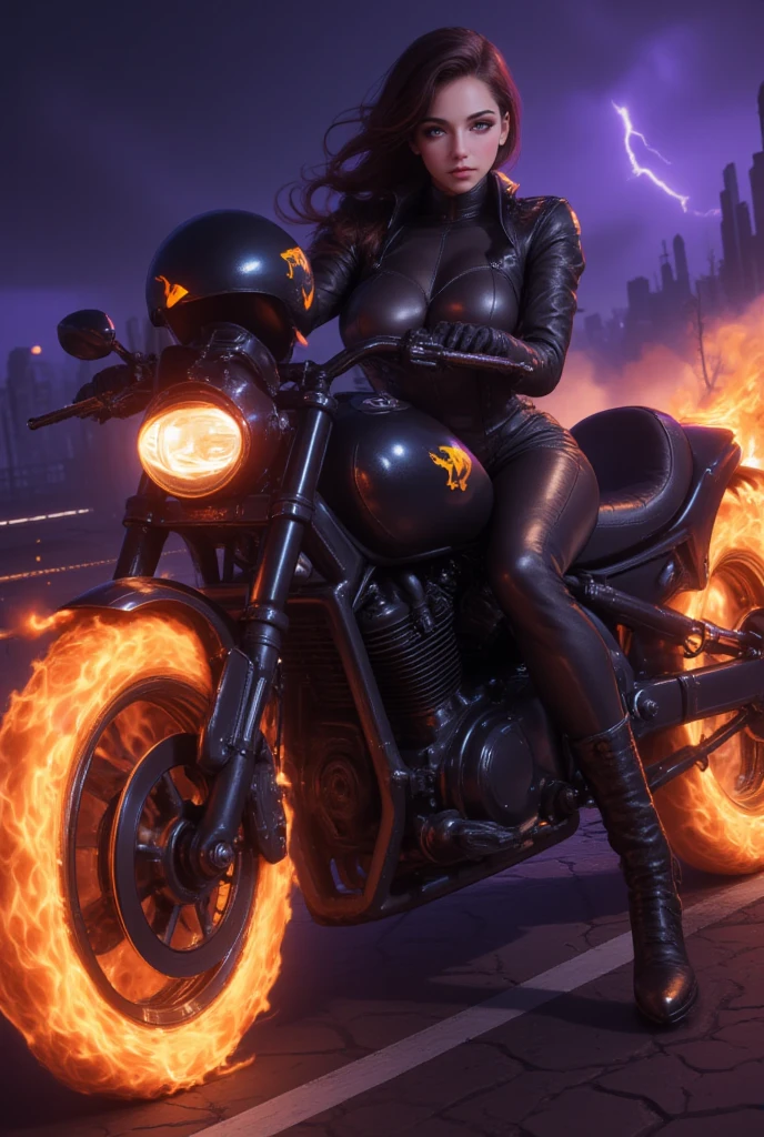 #MiraRockbell, in full leather biker gear, riding a flaming-wheeled motorcycle through a dark, apocalyptic highway—radiating power, danger, and epic style.

Main Character:
MiraRockbell, 1 girl, blue ayes,  wearing a tight-fitting black leather biker suit with metallic accents and a high collar. The outfit has a slightly worn, battle-hardened texture. She wears black gloves, heavy boots, and a helmet resting on the side of the motorcycle, revealing her determined expression and wind-blown hair. Her gaze is fierce, reflecting a fearless warrior spirit.

Other characters (optional):
None needed, but optional shadowy figures in the distance could suggest a pursuit or rivals.

Action / Interaction:
Mira is seated on a massive, customized motorcycle with burning wheels—fiery treads glowing with supernatural energy. She grips the handlebars firmly as the bike races forward, flames trailing from the wheels. Her body leans slightly, as if making a sharp, aggressive turn, hair and jacket flaring with motion.

Background:
A cracked and scorched highway cutting through a desolate, nighttime wasteland. The sky is deep violet with flashes of lightning in the distance. Dark rock formations or ruins rise from the sides. Smoke and ash swirl in the air. The environment hints at a cursed world or post-apocalyptic setting.

Visual Highlights:

Flaming wheels casting dynamic lighting on Mira and the road.

Reflective surfaces on the leather suit catching the fiery glow.

Sparks and embers trailing from the speeding motorcycle.

Wind effects: flowing hair, fluttering jacket, dust clouds.

Glowing symbols etched into the bike’s chassis or Mira’s gloves.

Lighting & mood:
Dark and dramatic with strong firelight and backlighting. Intense shadows, ember glow, and high-contrast lighting to heighten the sense of danger and power.

Style:
High-detail, semi-realistic digital art with gritty textures and stylized lighting. A fusion of cyberpunk and dark fantasy aesthetics, with cinematic energy.