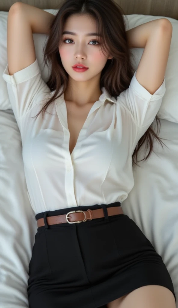 Sleeping Girl, 18 years old, Realistic, Wearing cloth panties and a black long cardigan(Close white shirt buttons), Open legs, Expressions of satisfaction and relief, Brown hair. Pink bed theme and some cute stuffed animals on the bed,An ultra-high picture quality,high-detail,Awaken,