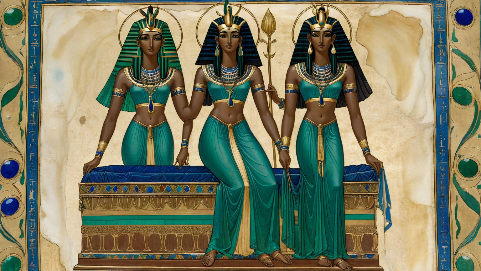 Nude Woman queen, Cleopatra, shiny black hair, Big Breasts, Thin Waist, Round Hips, dressed in Transparent golden cape with hieroglyphic design, reveals her Nude legs and breasts between the cape, scepter in her left hand, gold diadem and jewels on her head, looking at the viewer, whole body.