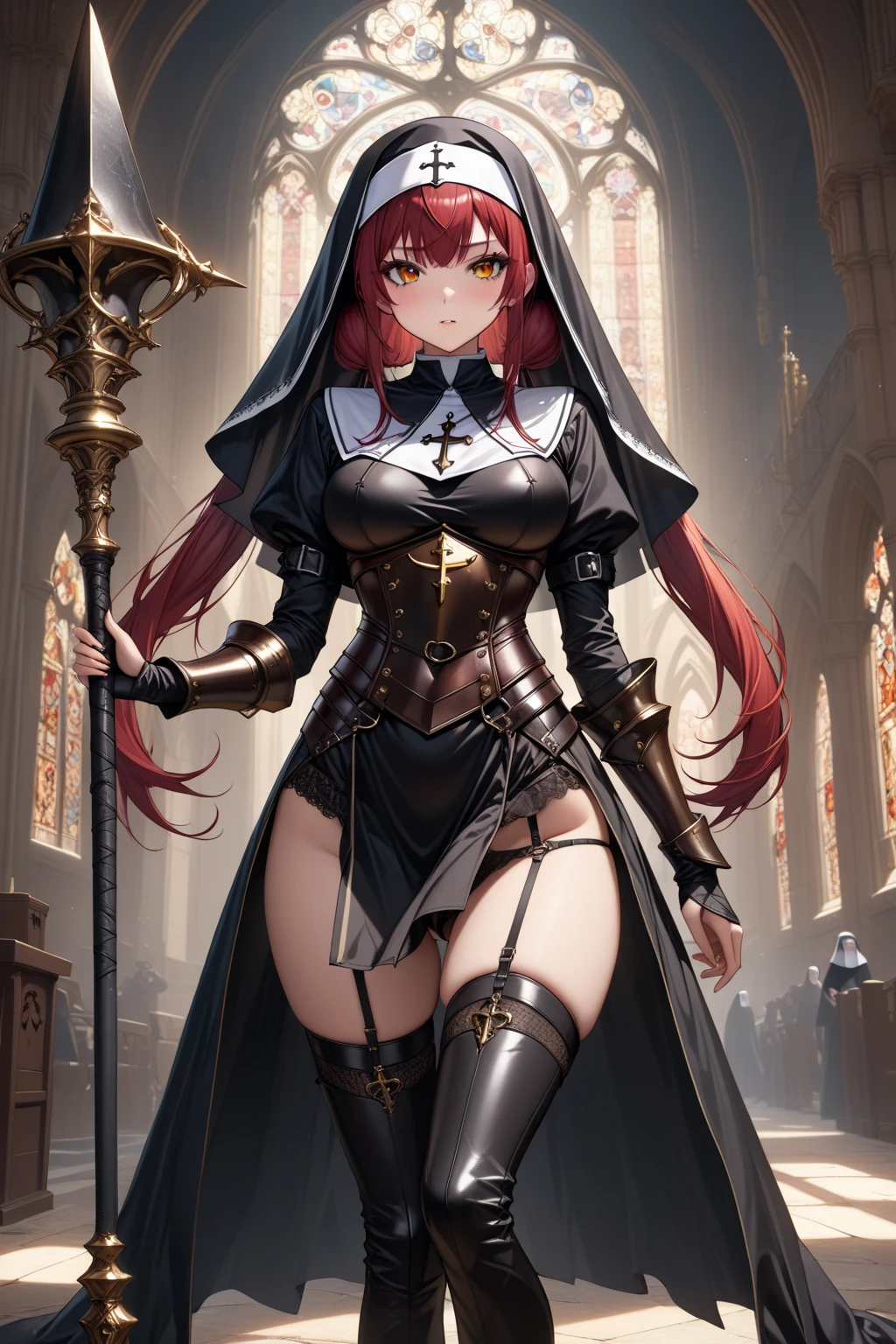 1girl, hololive, Houshou Marine, red hair, Twintail hair, gold eye ＆ orange eye, Gothic Monastic Clothes, very beautiful Nun, Nun Robe, Gothic, black nun costume, legs, (masterpiece, best quality, very detailed depiction, Incredible High Resolution, High quality anime drawings), (Mysteriously crafted black metal armor:1.3, breastplate:1.3, leather thigh-high boots, Exquisite Armor Details, Black Veil), fantastic atmosphere, hold in hand a Super gigantic mace, Leather Breastplate, Leather chest armor, petit, garter belt,