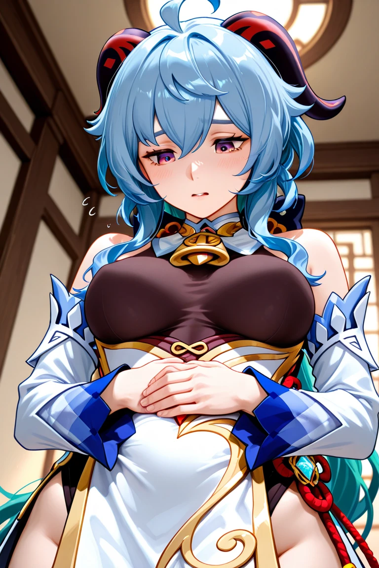 ganyu (genshin impact), one girl, long hair, sexy lady,breasts,sexuality,blush,long sleeves, bow, blue hair, horns, glasses, black shirt, black bow, turtleneck, white skirt, frilled sleeves, high-waist skirt, long skirt, shirt tucked in,spread legs,beautiful vagina, one boy,penis,missionary sex,rape,on the bed,