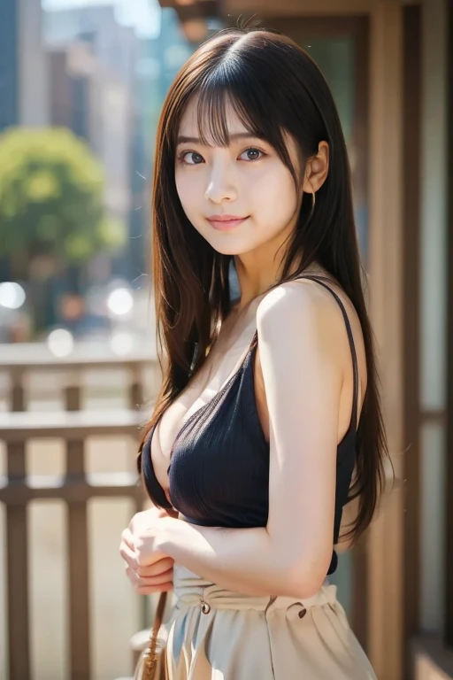 highest quality, Photoreal, finely, High resolution, 8k wallpaper, perfect dynamic composition, beautiful and detailed eyes, black hair、big and full breasts、random sexy pose、chest to chest、(Breast bulge 1.3)、laughter、(droopy eyes 1.4)、adult beauty、Japanese、look at the person taking the photo、(ladies fashion summer), (city)、morning