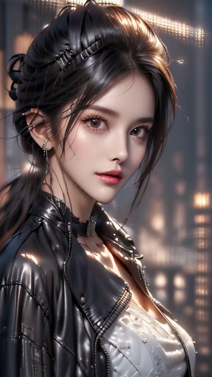 (absurd, high resolution, super detail), face close-up, face emphasis, face-oriented, single woman, 22, 18, long straight hair, shiny beautiful hair, beautiful skin, luscious skin, beautiful eyes, big eyes, with bangs, long sleeves, eye highlights, unbroken hands, rich lighting, large breasts, pale pink lips, high Uniform 8K wallpaper with fine CG, attention to detail, portrait, gaze, solo, half shot, detailed face, slightly smiling, dynamic pose, (Contemporary Japanese Subject: 1. 1), contemporary clothing, black dress, black gloves, lace dress, contemporary theme, (Thriving Civilization: 1.1), (Pure White (Modern Japanese Subject: 1.1), Buildings, Neon, Cyber Neon, Japanese Landscape, Fantastic, Romantic, Dance of Light, Severity, Night, Darkness, Stars, Portrait, Film Lighting, Necklace, Date Scene