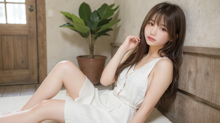 Japanese female, a lot of details, (underweight), detailed black hair, beautiful detailed hair, super fucking beautiful, delicate beautiful face, complex details beautiful and delicate eyes, perfect hands, (flat chest best quality:1.5), perfect and delicate limbs, detailed skin, best quality, ultra-detailed,(cheerful grin:1.3),
(planets in series:1.5) ,sitting, semi long, (cream dress), (full body shot:1.2), low angle shot