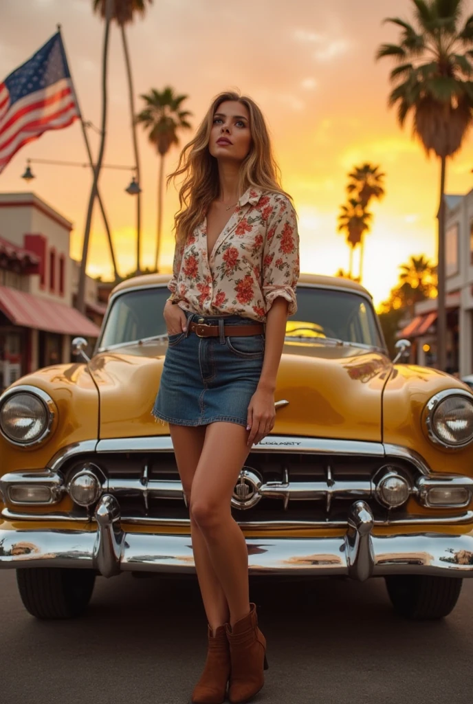 creates a peaceful and vibrant atmosphere，A woman stands confidently in front of a vintage gold car. She wears a floral shirt, Denim skirt, and brown boots, Exudes retro charm. Her gaze is upwards, Adding a contemplative mood. The car's design and chrome details shine in warm light. An American flag flutters in the background, beside palm trees and street lights, alludes to the town vibe. The scene evokes a sense of nostalgia, Blending urban elements with natural beauty. Soft lighting enhances the golden hour vibe, under a vibrant orange sunset.