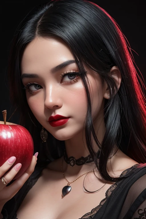 ((RAW photos)，Absurd ，(Absurd 分辨率))，masterpiece，Best quality，(extremely detailed 8k unity CG wallpaper)，(Most Best Illustration)，(BEST SHADOW)，Realistic lighting，Beautiful and detailed brilliance ，((21yo))，girl，longblackhair，Black Queen，accessories，Hold an apple，Poison apples，Witch Queen，red lipsticks，(((Her photography perspective)))