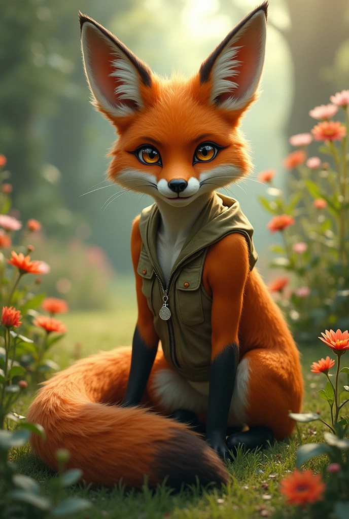 red fox, (monstergirl), long brown ears, dark brown inside , Brown fur, brown neck fluff , brown fluffy tail ,Brown tips , big brown eyes, Wear ordinary clothes, Sitting in the garden, masterpiece,