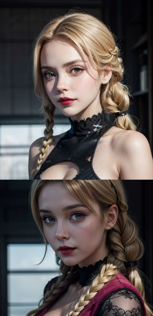 photorealistic,and sharp focus,Highly detailed,masterpiece, ultra-detailed, illustration, best quality,((2 girls)),kneel sitting,((face to face)),Long blonde hair,arms behind back,neck lock in a steel collar,Hands bound together behind his back in handcuffs,wrists are hung by chains around his neck, bedroom, crossed earrings,Red low-cut halter top,jewelry, ((huge breasts:1.2)),Grey skirt