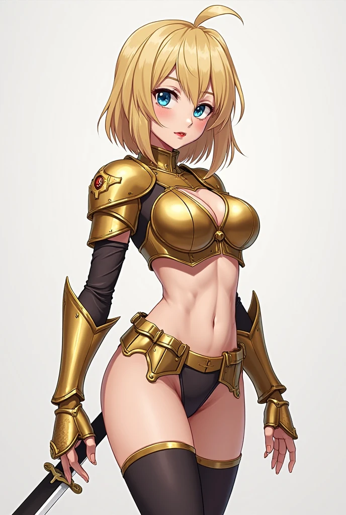 bronze skin, tanned, gorgeous woman, full body shot, muscular, blank background, black background, blonde, heavy armour, bobcut