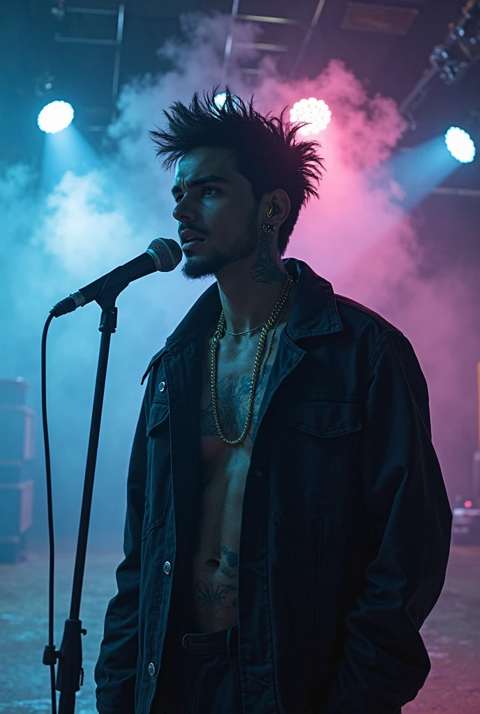 Muslim . Kopiah and songkok wear. a punk man with blonde hair, detailed face with scar, wearing gangster outfit, singing karaoke in a room with led lights, neon lights and disco lights, highly detailed, 8k, photorealistic, dramatic lighting, cinematic composition, moody atmosphere