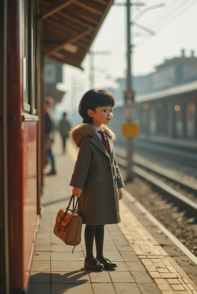 35mm lens,Multiple angles,Countryside scenery,Suburban,Back,side,silhouette,Overhead shot,Cat,Standing,doll,Carrying a small school bag,tram,Hokkaido,Autumn Station,Wooden house,Platform, cloak,Ruan Jia,Suit,tie, (Delicate face), (Fine fluffy fur),(35mm Cinema Lens),(Multi-angle shooting),(many viewing angles)