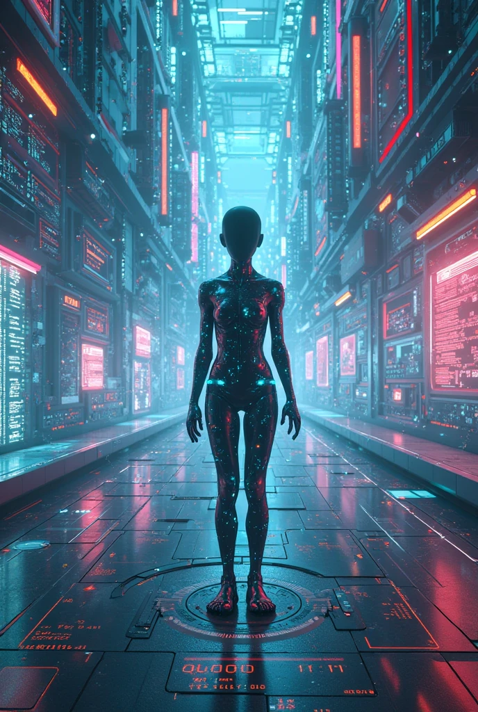 Lady Ai with laser eye inside glass building with people describe them images and robot in wide screen