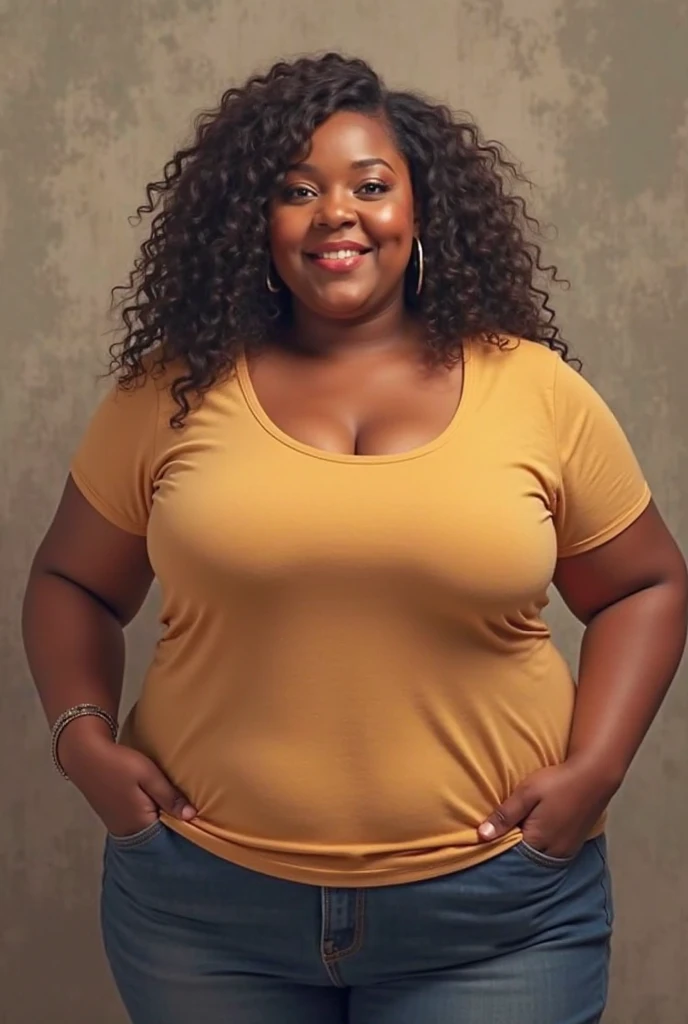 handsome and beautiful overweight African American women, medium brown skin tone, smirking with curly brown hair half body shot wearing a black t-shirt and jeans
