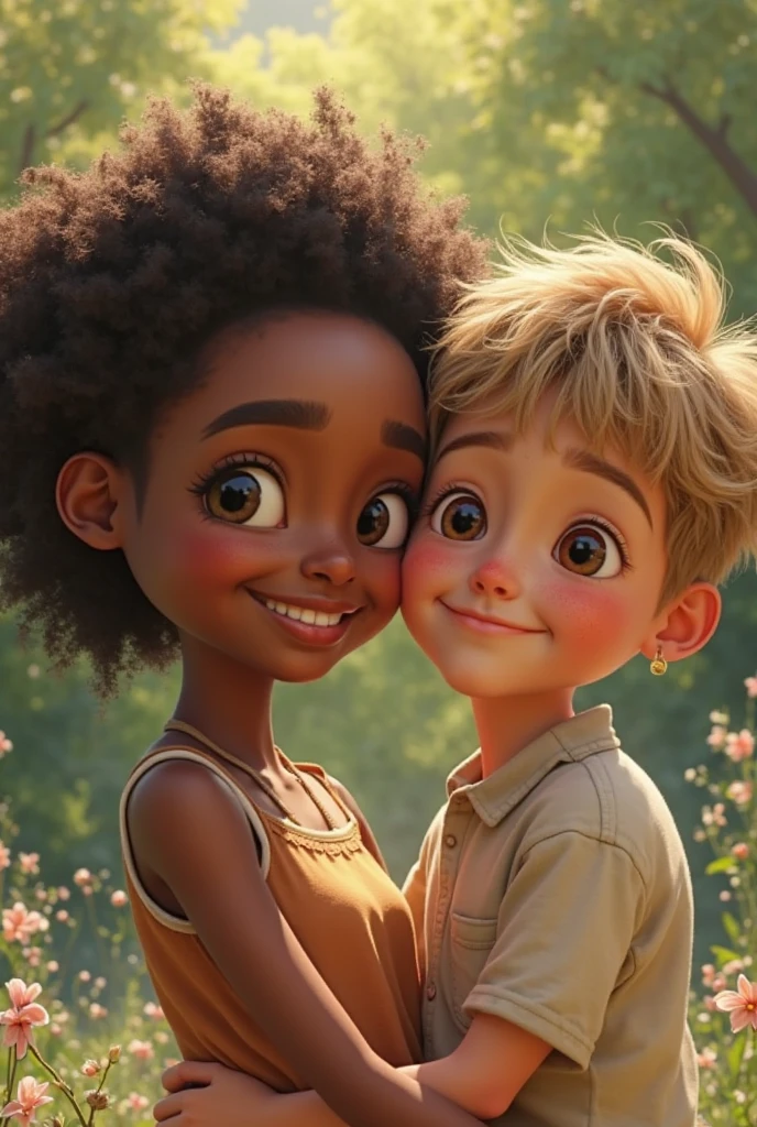 A photo of a blond boy with turquoise eyes and a brunette girl, curly hair good curly hair, mixed skin and blue eyes talking and behind a girl with brown eyes, black hair with bangs looks at them crying. Version pixar 2d