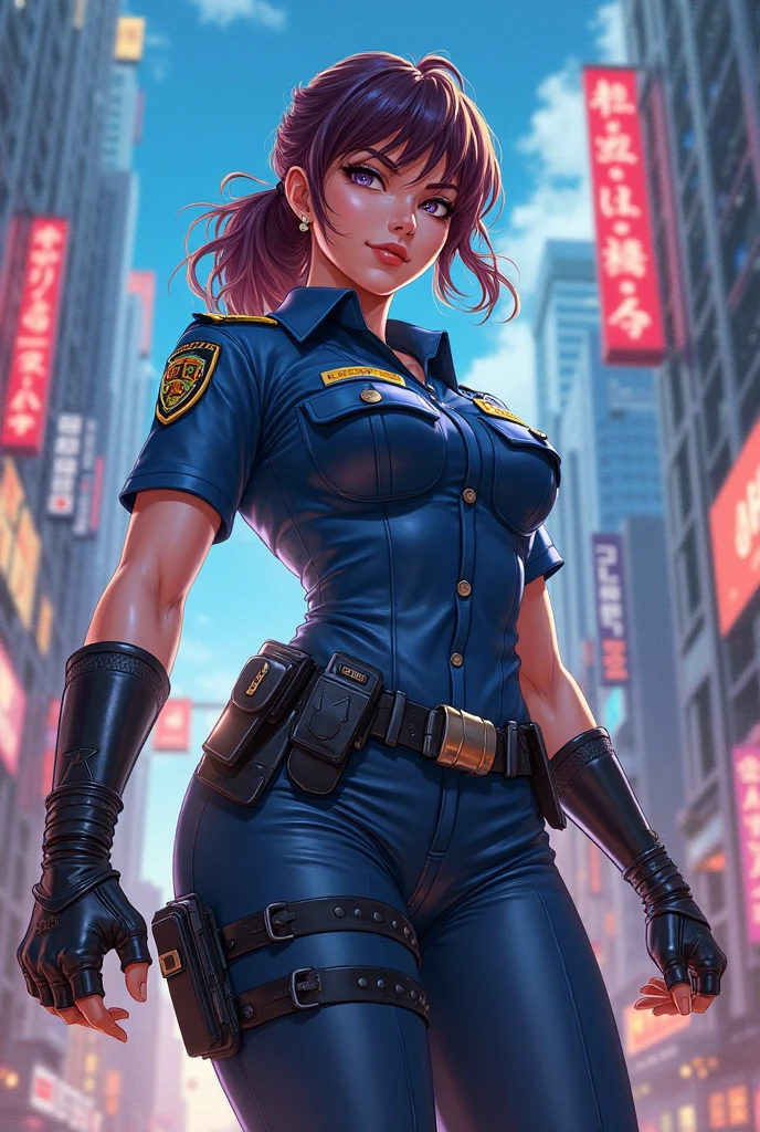 ((((masterpiece, best quality, high resolution)))), Extremely detailed 8K, 1 female, (Police Officer) wearing a cyberpunk police uniform and gear, (Ultra HD, Ultra-detailed, Highly detailed, Highly realistic, Ultra-realistic, photograph realistic), (1girl:1.5), (Realistic black hair), (dynamic poses), facing at camera, looking at viewer, (a serious focus face), (regular black eyes, sharp eyes), (perky breasts:1.2), (beautifully detailed face, beautiful detailed eyes), ((preparing for a police patrol)), (streets background), sweat, glow, (sunbeam, sunlight), ((cowboy shot)), seductive, EnvyBetterHands LoCon,