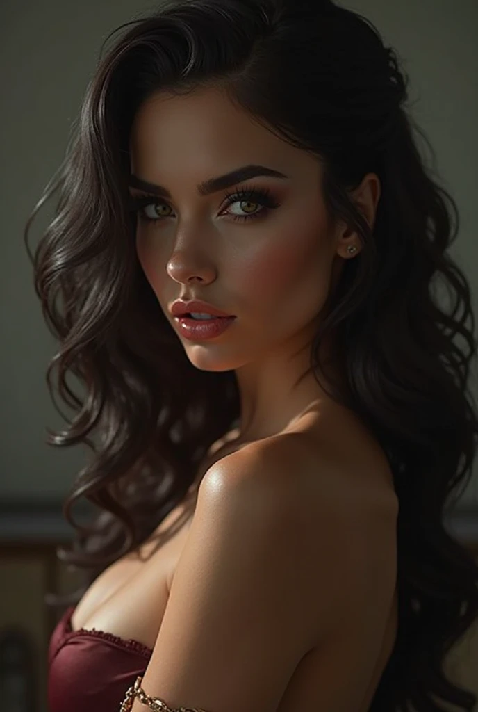 close-up, extreme close-up, close-up portrait, portrait, ultra realistic, photography, long black straight hair in a ponytail, elegant hair, (30 years old, hazel eyes, hourglass figure, perfect fit body, natural big breasts), firtatious look, crimson red lipstick, femme fatale, long eyelashes, cat-eye make-up, wonderbra