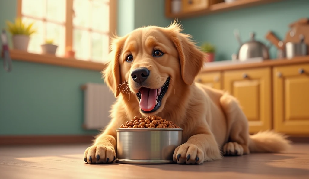 dog is waiting for dog food, the dog is looking down at food, food is on floor, drooling, beautiful, aesthetic, (ultra realistic illustration:0.6), 16K, extremely detailed CG unity 8k wallpaper, bokeh, (masterful), best quality