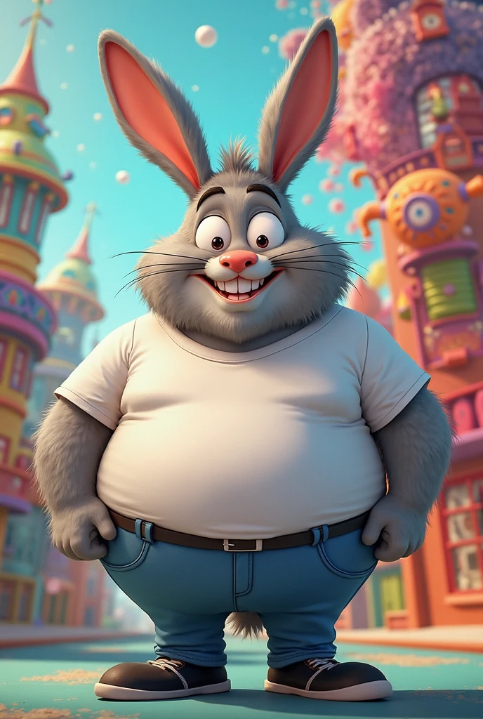 a flesh behemoth big chungus wearing jeans sitting on a couch,3d,pixar style ,art by pixar, art by makoto shinkai, <lora:FleshMonstrosityXLV2:0.7>