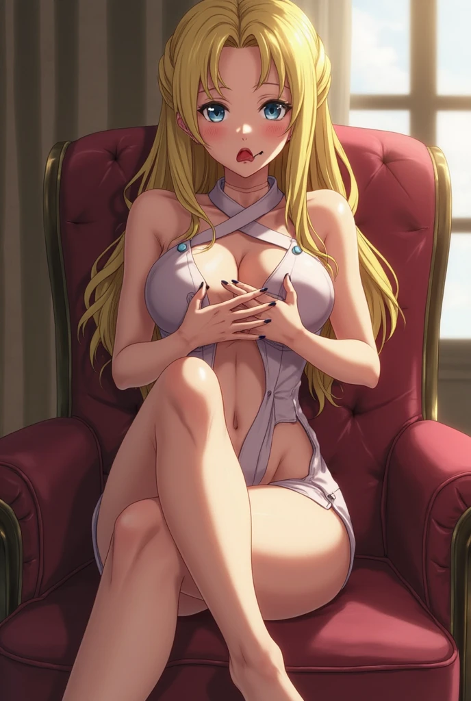 (masterpiece, best quality),best quality, (ultra-detailed), (3heads:1.4), 1girl, (yakumo yukari:1.3), masterpiece, best quality, purple top, crop top, ((stomach)), midriff, ((groin)), pruple skirt, frilled skirt, normal ears, shackles, blonde hair, very long hair, wavy hair, sidelocks, purple eyes, parted lips, single horn, sweat, cute, toned belly, hand on own chest, eyelashes, (24 year old woman:1.3), (masterpiece:1.4), (best quality:1.4), (beautiful detailed extremely detailed CG, extremely delicate and beautiful, depth of field, (finely detailed face), (perfect details:1.1), (mature female:1.3), wide pelvis, slender, large veiny breast, 8k resolution, high quality, high definition, extremely detailed, masterpiece, best quality, blonde hair, long hair, alluring presence, braid, short skirt, close up, big tits, young, frills, hat, hat ribbon,