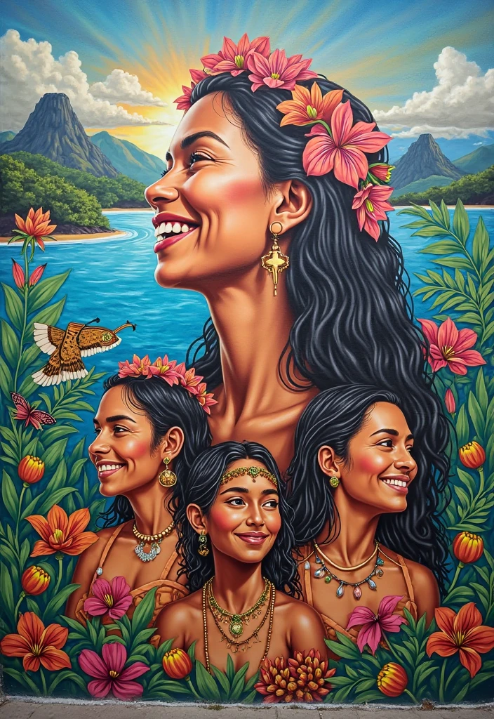 Selfie of impressionist painter Paul Gauguin, 'Women of Tahiti' painting, fisheye lens, 8K camera, wide view, (Best Quality), Complex and detailed 3D rendering, Cinematic light, films, photograph realistic