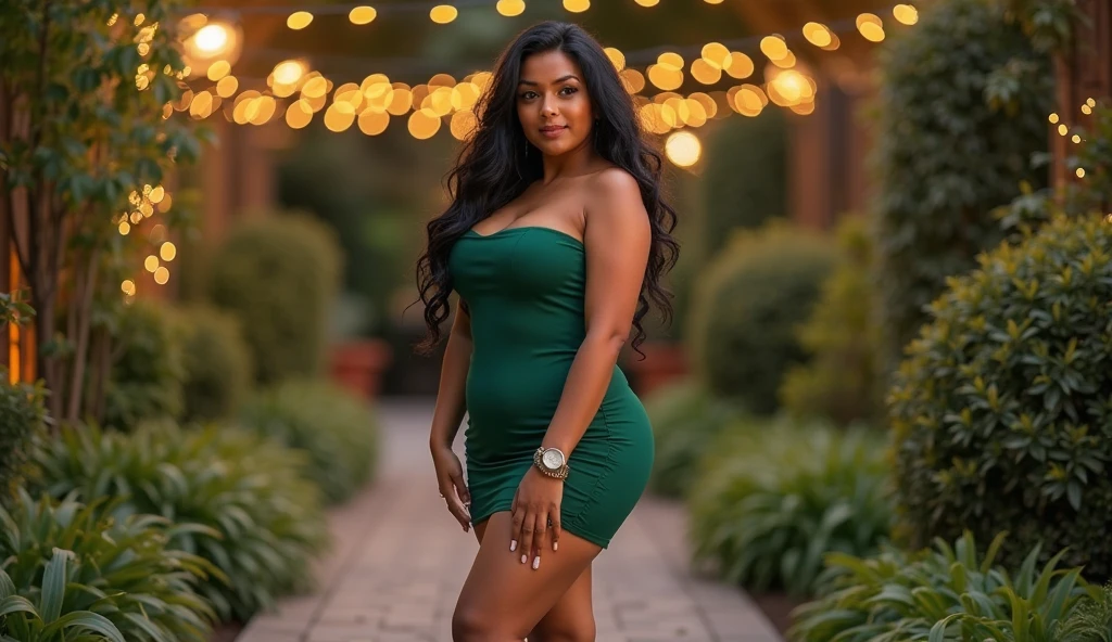 Mixed black ethnicity, curvy girl, long straight hair, sexy green summer dress, hot clothes, sexy pose, in bali