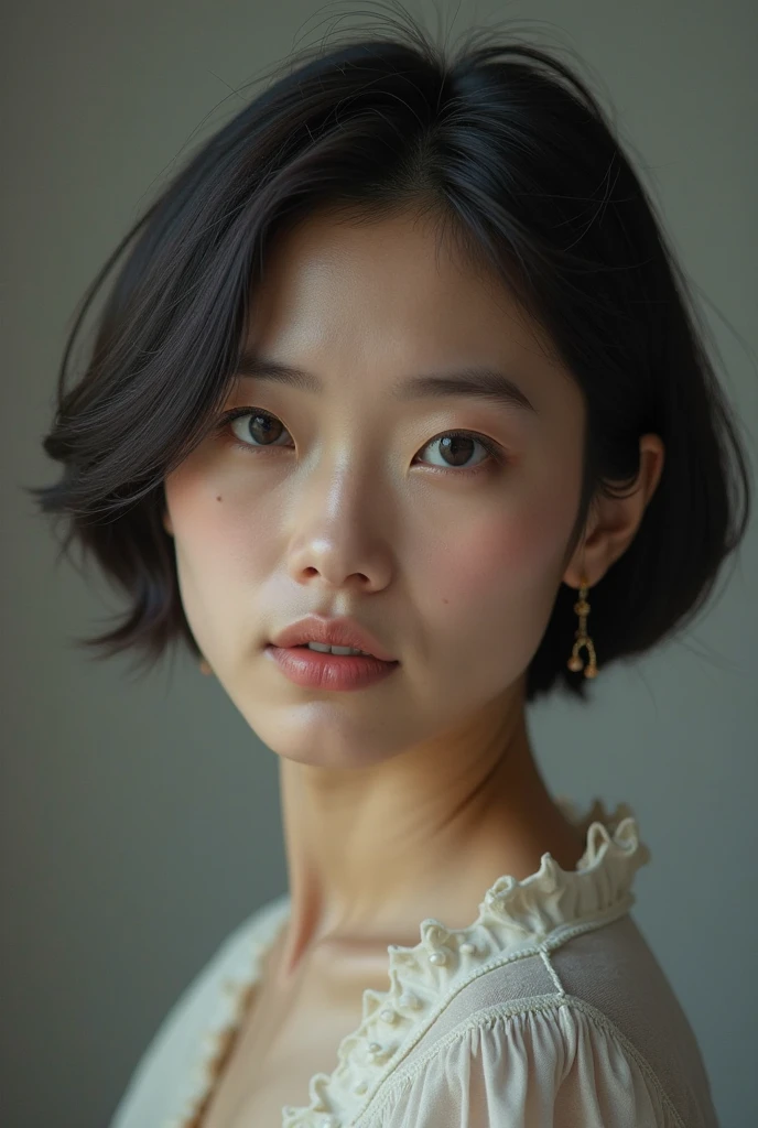 (best qualityer, 8K, 32k, work of art, ultra HD:1.2),Photo of a beautiful Japanese woman, breasts big, very short bob hair,trunk,Facial Focus,oversized_sweater, necklase, simple background, From above, gazing at viewer,