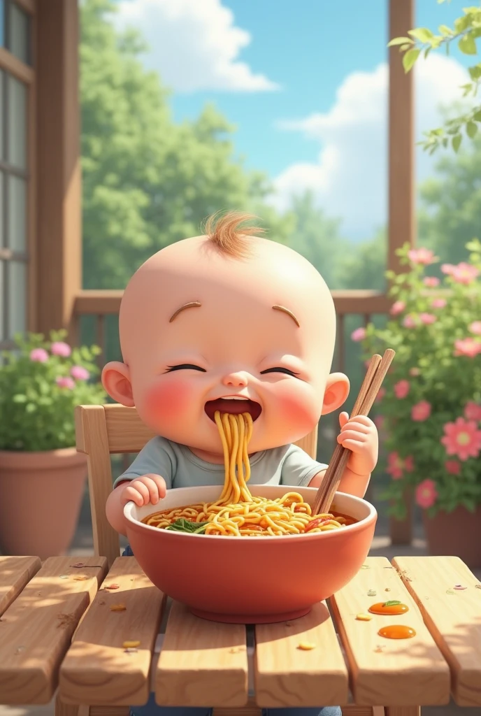 The beautiful baby was eating the rice in her restaurant
