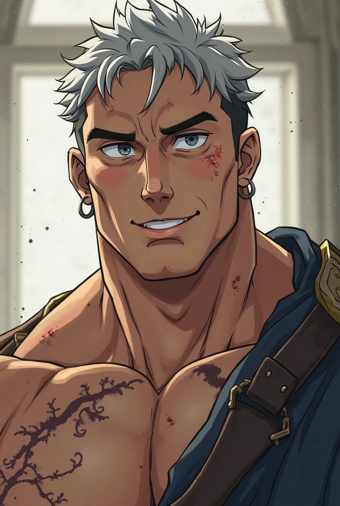 masculine1、Musculoskeletal augmentation々、Wearing animal fur、((large ax on the back))、Upper body naked、43 yeas old、Plain Tan、skin head、Deep wrinkles in the smile、