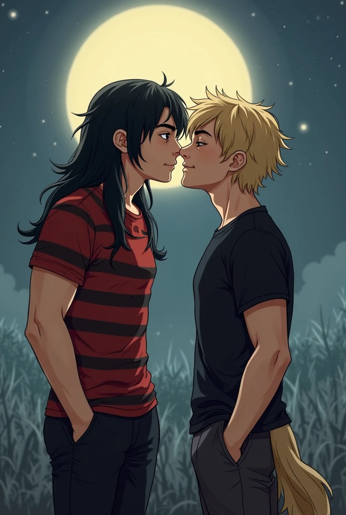 A moon centered over a kingdom with two men kissing in the background, um naughty man é negro com marcas de vitiligo no rosto e tem cabelo verde trançado e o outro naughty man tem cabelo preto com uma roupa preta sem mangas e um desenho de uma estrela no quadril (naughty man)