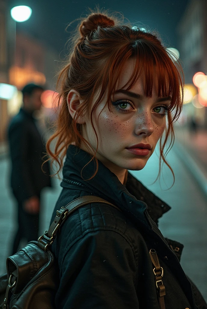 A 4K portrait of a 30-year-old brunette Argentinian woman with rainbow-colored blonde hair and emerald green eyes, depicted in full body from a right profile view, showing intense emotions of sadness and horror. She is dressed in elegant clothing, which contrasts with her deeply distressed appearance.
From the right profile, she stands with her head slightly bowed and her shoulders hunched, tears streaming down her face. Her rainbow-colored hair falls messily around her face, and her elegant attire appears disheveled, adding to her emotional vulnerability. The dark and eerie cityscape in the background enhances the sense of isolation and despair.
The image captures her in high resolution (4K) with perfect details, focusing on the realistic textures and dramatic lighting that highlight the depth of her sadness and horror. The scene emphasizes her profound emotional turmoil, with a high-quality portrayal of her distress and the unsettling atmosphere surrounding her